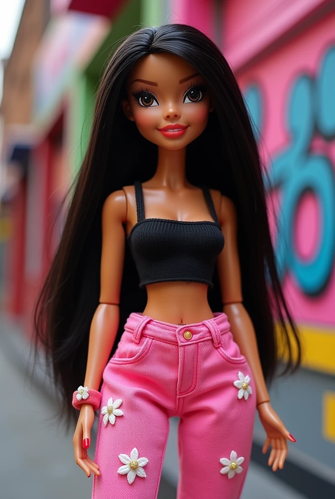 Could you make me a picture of a bratz doll?, It&#39;s from a slightly fat doll, long straight black hair, hair loose behind the ears, warm yellow skin color, with black optical lenses, Pink pants with white flowers and a black top with thin black straps. Posing very bratz style.
