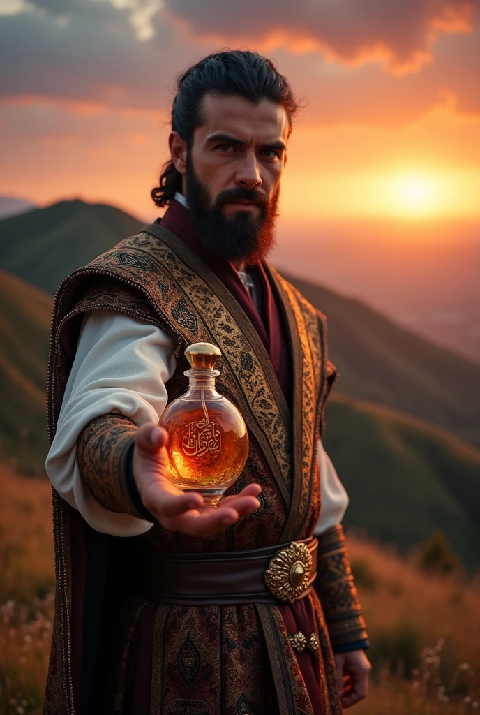 I want a picture of Ertugrul Ghazi with a bottle of perfume with the name Ertugrul Ghazi 