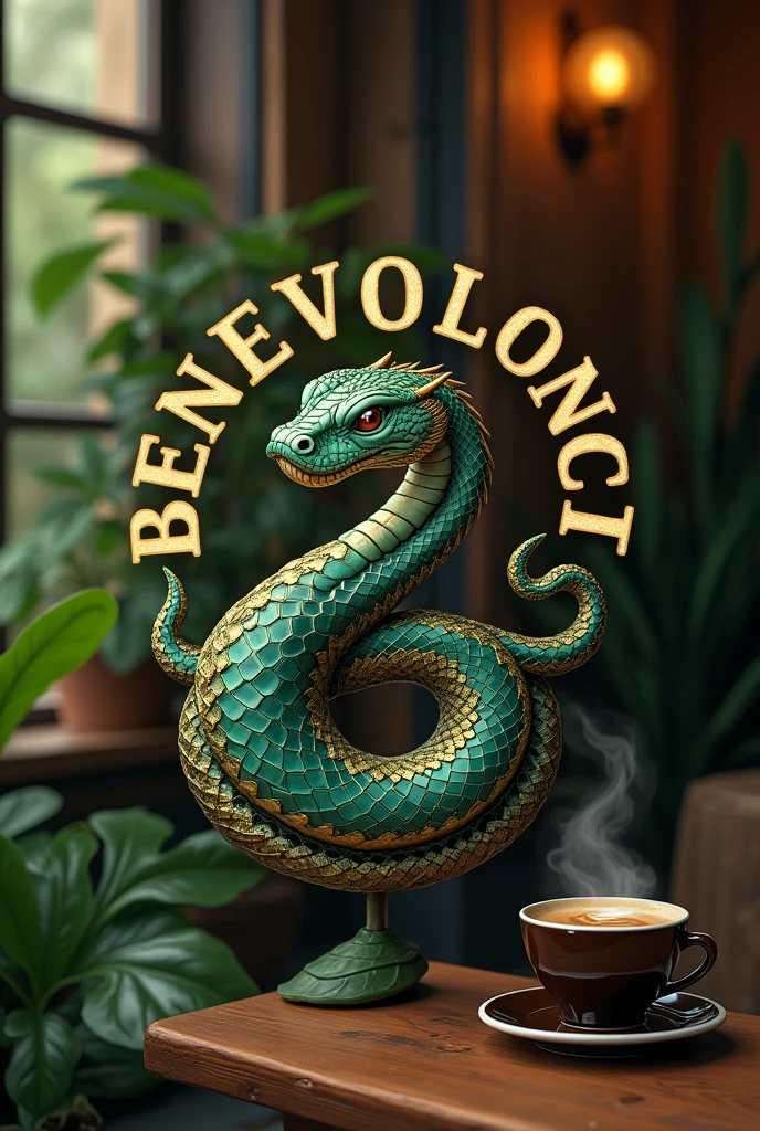 The logo of a benevour coffee shop , with a snake drawn
