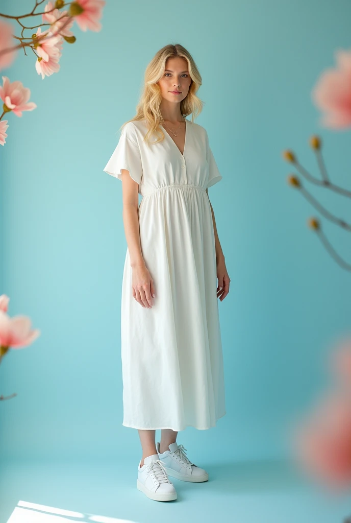 modelo loira, on a light blue photographic background, dressed in evangelical clothes, and tennis 

