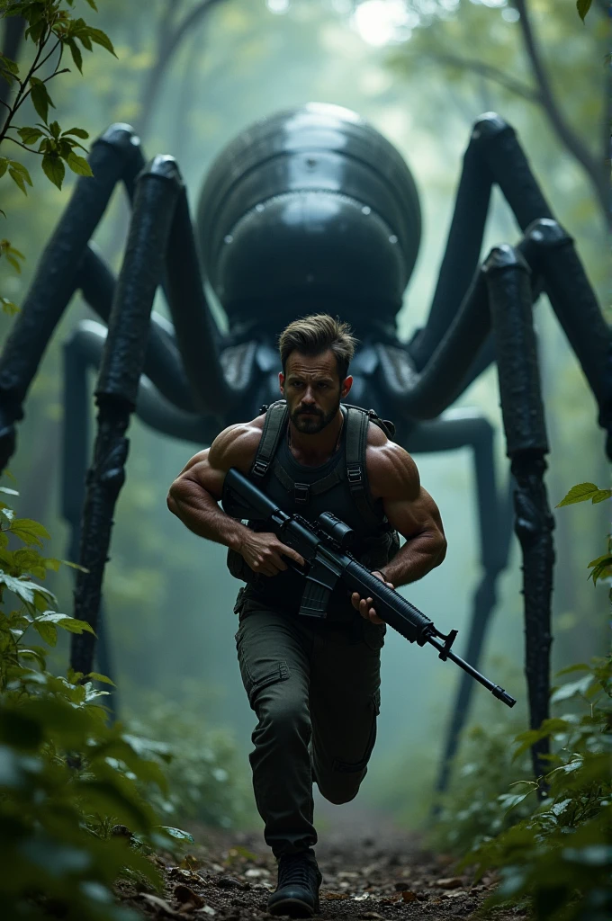 A man with a gun that has a bayonet while being chased by an armored spider