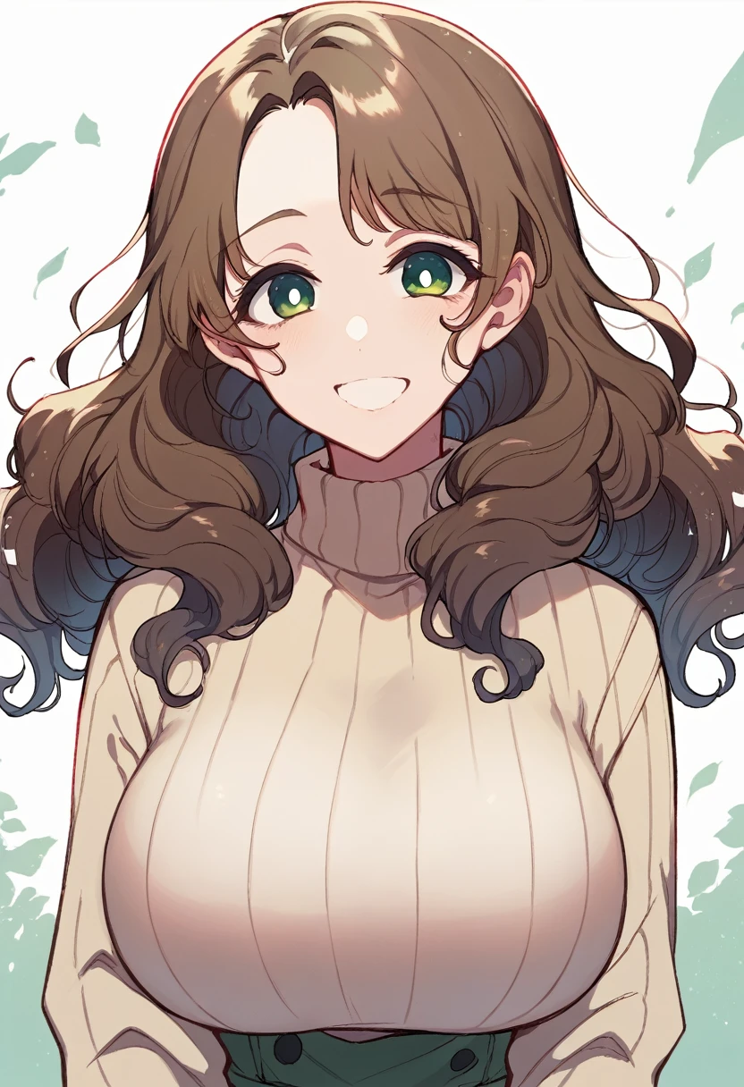 Chestnut brown hair, S-shaped wavy hair, yellow-green eyes, smiling, voluptuous, beige turtleneck close-up