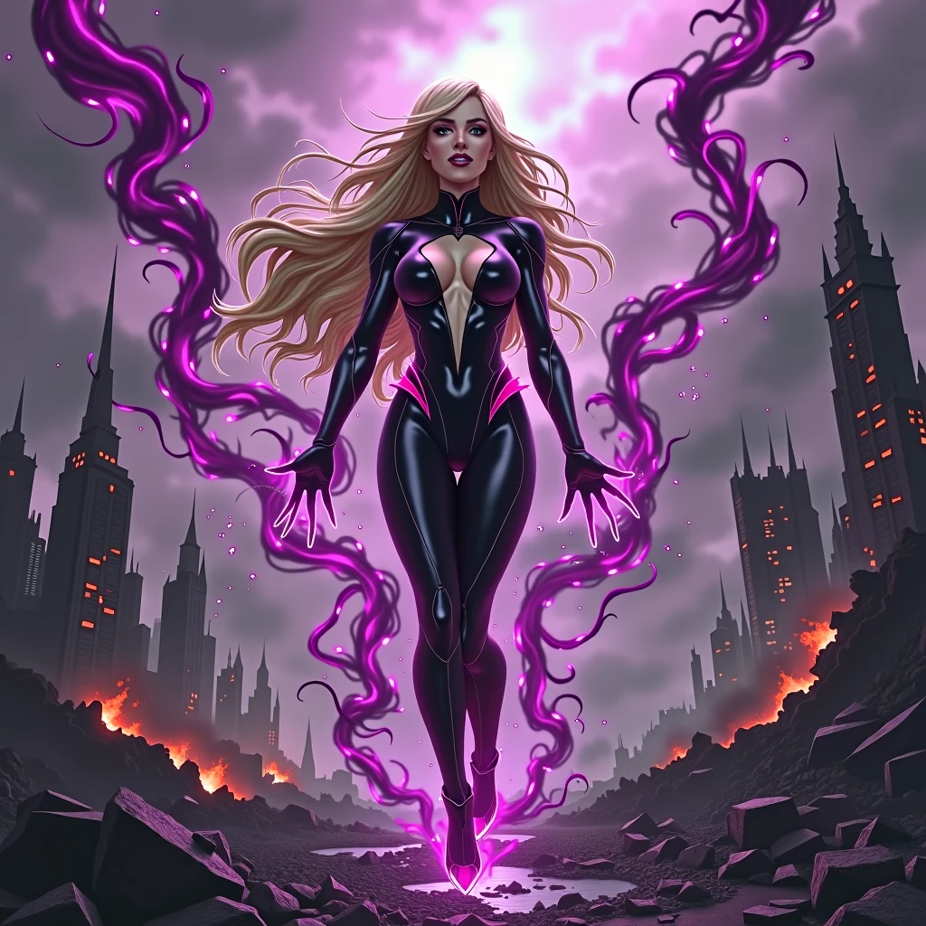 Beautiful and seductive, overflowing with dark power, an evil villainess floats above the recently destroyed husk of a heavily populated city. Dark purple tendrils of energy flow across her lithe fingers. Blonde hair with side swept bangs, glossy red lips curled into a sinister smirk as see views the destruction with glee.  Across her body, a skintight costume made of black with accents of pink reflect the power flowing from her godlike form.  Evil triumphs. 