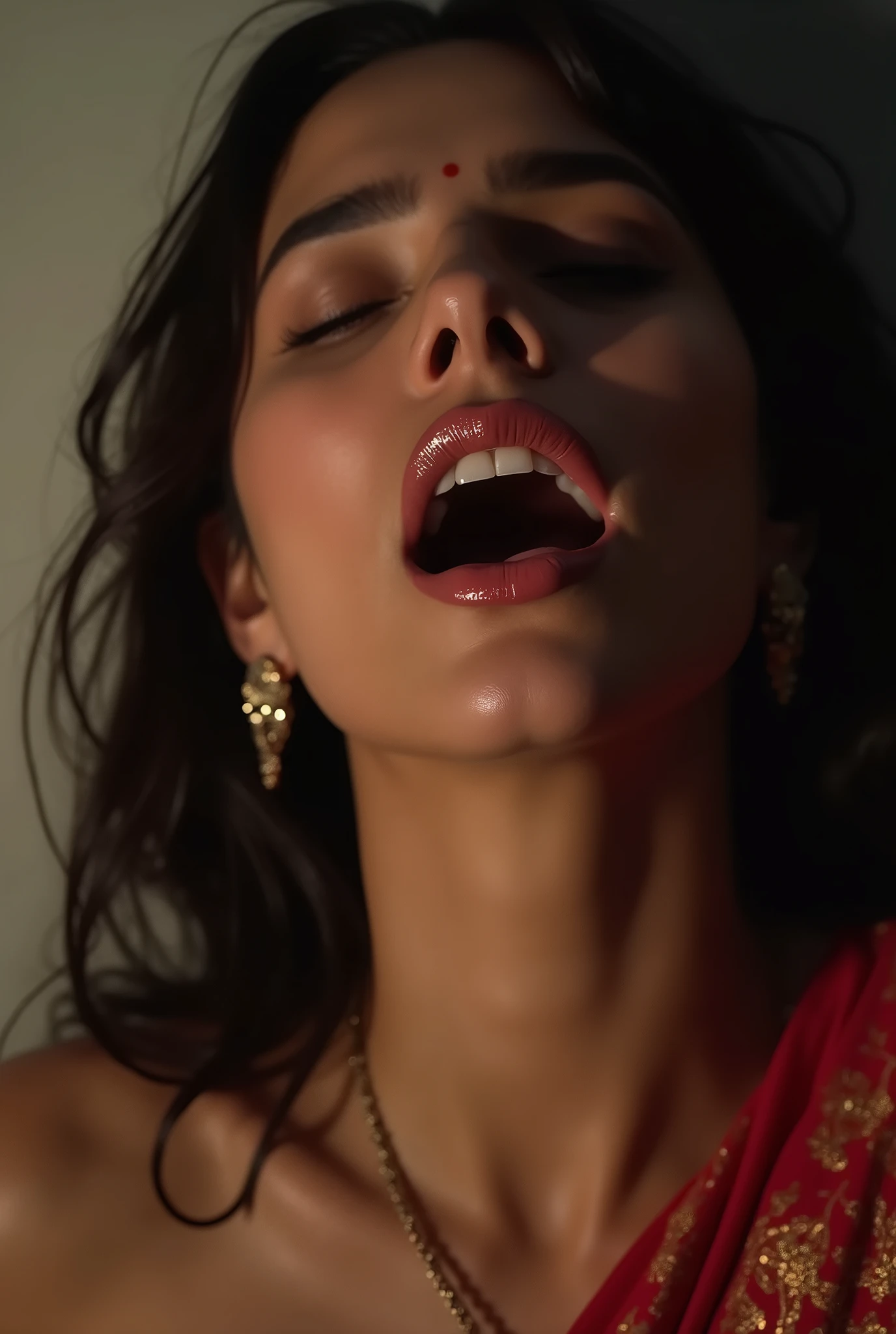 ((Masterpiece, best quality)),edgQuality,
edgOrgasm,face focus, a woman with her eyes closed and her mouth open ,woman with edgOrgasm_faceHighly detailed CG Unity 8k wallpaper, of the highest quality, masterpiece, (Realistic,Photorealistic,Photorealsitic:1.37)、(((Realistic skin texture、skin pores))),,Ultra-fine painting,Sharp Focus,Physically-based rendering,extreme detail description,Professional,Vibrant colors,,High resolution, High level image quality, high detail, masterpiece, soft skin, anatomically correct, sharp,((indian mature, 25 years old)), alone, ((close your eyes and open your mouth :1.3))、,((open your mouth :1)),(Strong orgasm), good shape ,normal breasts,,((hands behind your head and exposed armpits))、((Strong orgasm :1)), (((wearing sari:1.3)))、((skin shining with sweat、Arms glistening with sweat、face shining with sweat,)),((soakingwetclothes)),((normal breasts))、(((get sweaty))),(((vulgar、sexy、glossy skin)))、(((wet long hair))),(sweating skin),(sweating body),(wetting skin),(wetting body),((necklace and earring)),(mature woman),(oiled skin:1),,(((heavy makeup))),(detailed face :1), obeying pain, moaning in pain, grimaces of pain,Moaning in pain, feeling pain, tears flowing, sore, crying in pain,(((bedroom))),((curvy body))