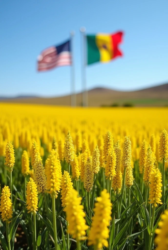 A striking image of quinoa fields in Oruro, with the flag of Bolivia and the United States in the background.