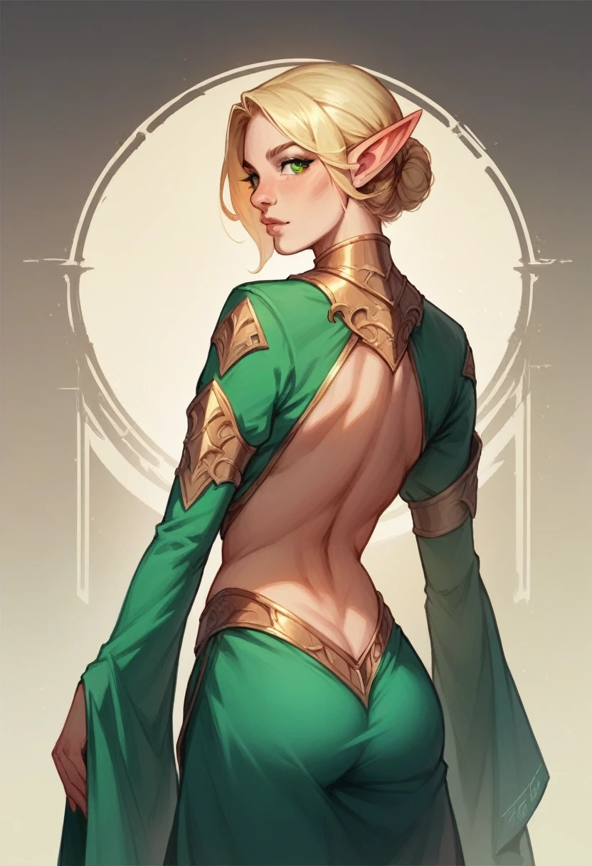 Young Blonde hair elf girl, green eyes, fantasy archer outfit, rear view looking back, realistic fantasy ,concept art, Sexy 