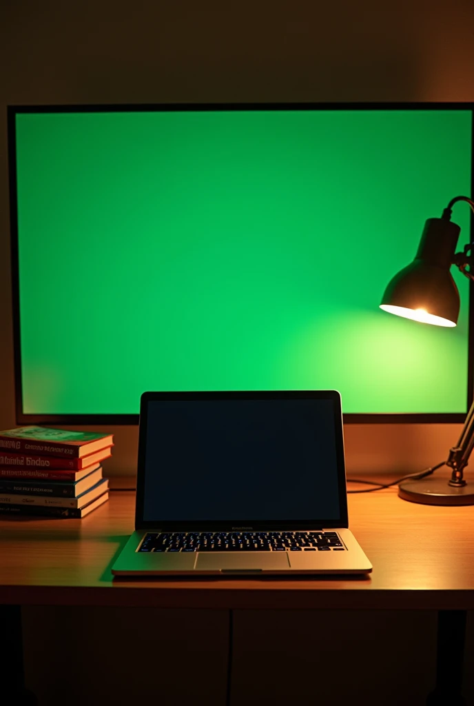 YouTube studio setup in a room. Show the
straight back side of laptop in to the screen A laptop on the table and the books one by one. The electric lamp on the table The back side of studio fully covered with greenscreen. Give th the 16:9 ratio image.