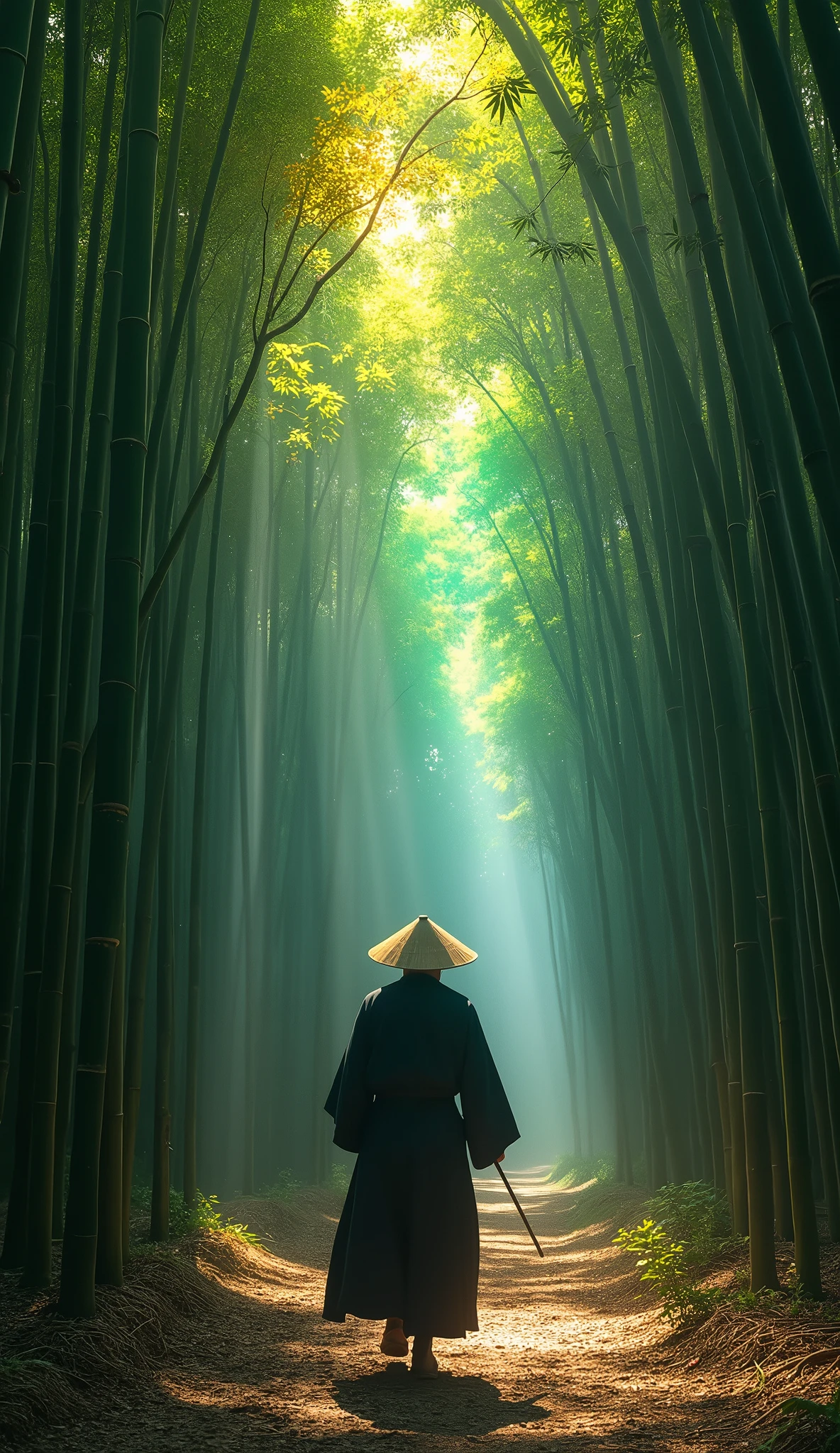 A monk wearing a deep cylindrical woven hat that completely covers his face., Walking while playing a thick bamboo shakuhachi, The surrounding bamboo forest changes colour to the rainbow of melodic music., Mysterious bamboo forest, 
