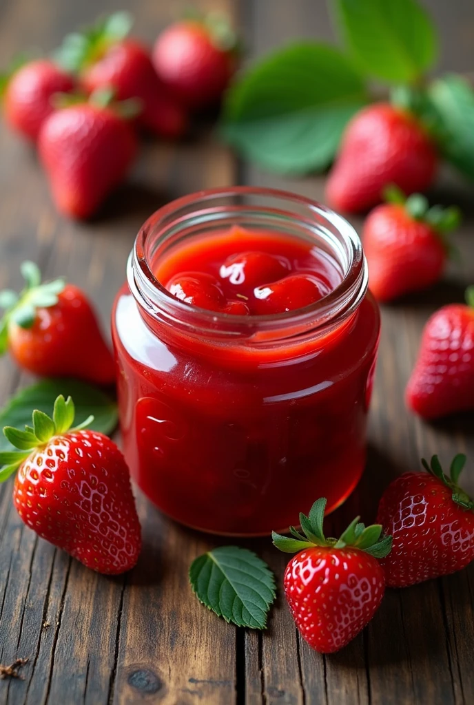 Can you create an infographic to promote my frea jam please? , I want the background color to be like wood , that in the middle is my jar of strawberry jam , and have strawberries around it, and leaves around too , Please don't let the bottle be too big.