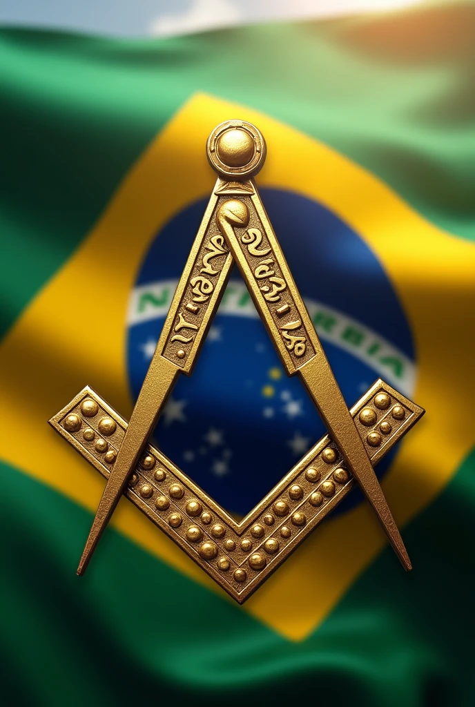 I need an image that contains the symbol of Freemasonry right in front and the Brazilian flag in the background 