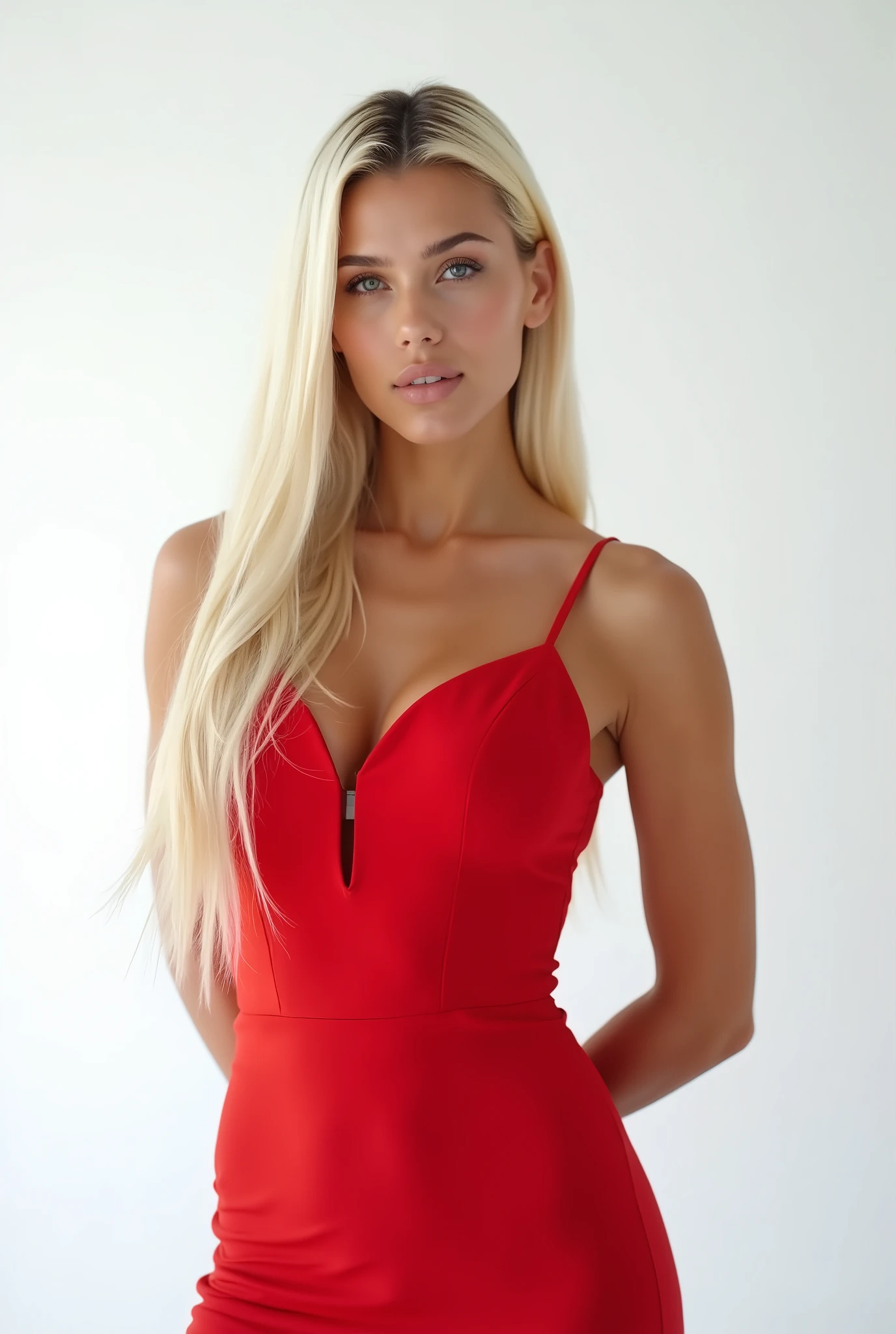 (8k, CRU photo, highest quality) (((full body shot:1.3))), (((black eyes:1.5))), Brazilian woman with perfectly voluminous, silky straight blonde hair, styled as if for a shampoo commercial. She has blonde hair, white skin (like Ukrainian), and blue eyes. She is wearing a vibrant red dress. Ensure that her entire body is fully visible within the frame, with no parts cut off. The background must be completely white, like a studio backdrop or transparent, with no details or distractions, only a plain white surface. (((dynamic pose:1.3))), ((movement pose:1.2))), soft lighting, cinematic lighting, realistic skin, ((pores)), ((high detail skin)), light volumetric, hyper-realistic, vivid details, clear as crystal, 8K UHD, ultra photo realism, best quality, work of art, extremely detailed CG, unity, wallpapers (realistic, photorealistic: 1.37), shining, fine-details, correct body structure, (((Depth of field:1.5))), (((atmospheric perspective:1.4))).