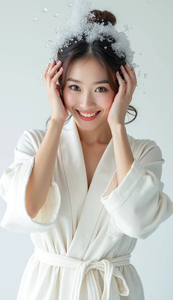 Create an Asian beauty，Beautiful beautiful big eyes，Regular facial features，Wearing a white satin bathrobe，Scratch your scalp with both hands，Two hands washing hair on top of head，头上有很多Real bubbles和水，Foam wrap head，Real bubbles，Open your eyes，The expression is happy，Upper Body，The characters are realistic and realistic，Pure white background，Character front position，9:16 frames，Ultra-high-definition picture quality
