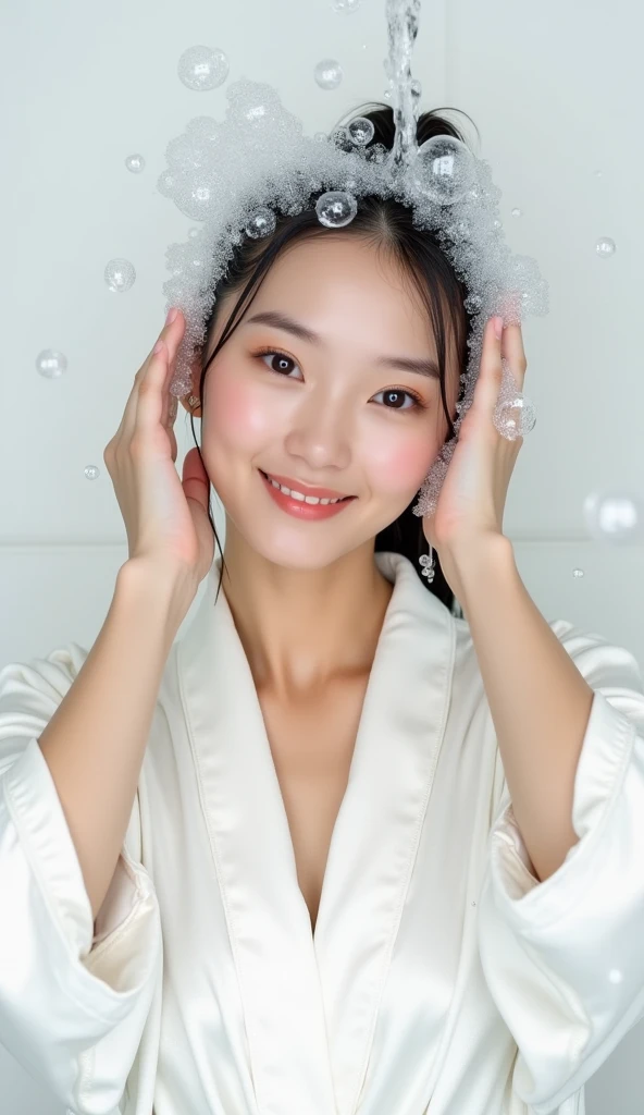 Create an Asian beauty,Beautiful beautiful big eyes,Regular facial features,Wearing a white satin bathrobe,Scratch your scalp with both hands,Two hands washing hair on top of head,头上有很多Real bubbles和水,Foam wrap head,Real bubbles,Open your eyes,The expression is happy,Upper Body,The characters are realistic and realistic,Pure white background,Character front position,9:16 frames,Ultra-high-definition picture quality