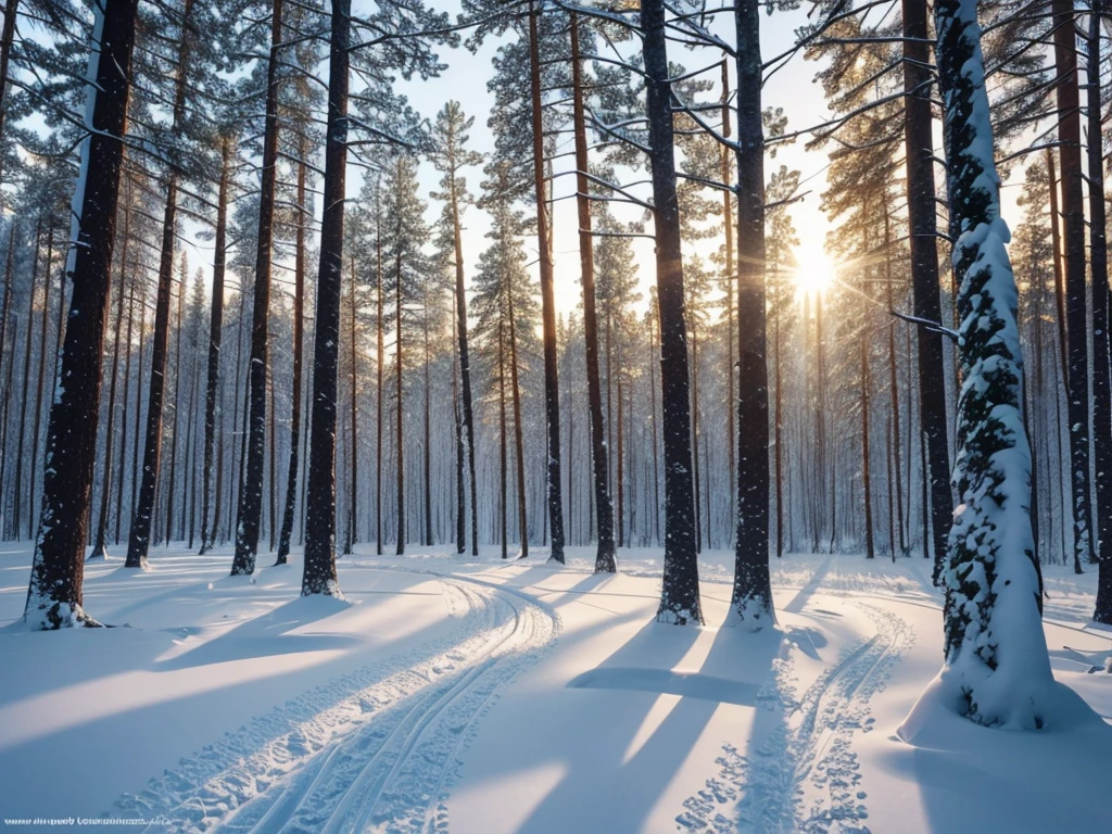 winter forest at dawn, trees in the snow, realistic, hyper-detailed, high quality,
