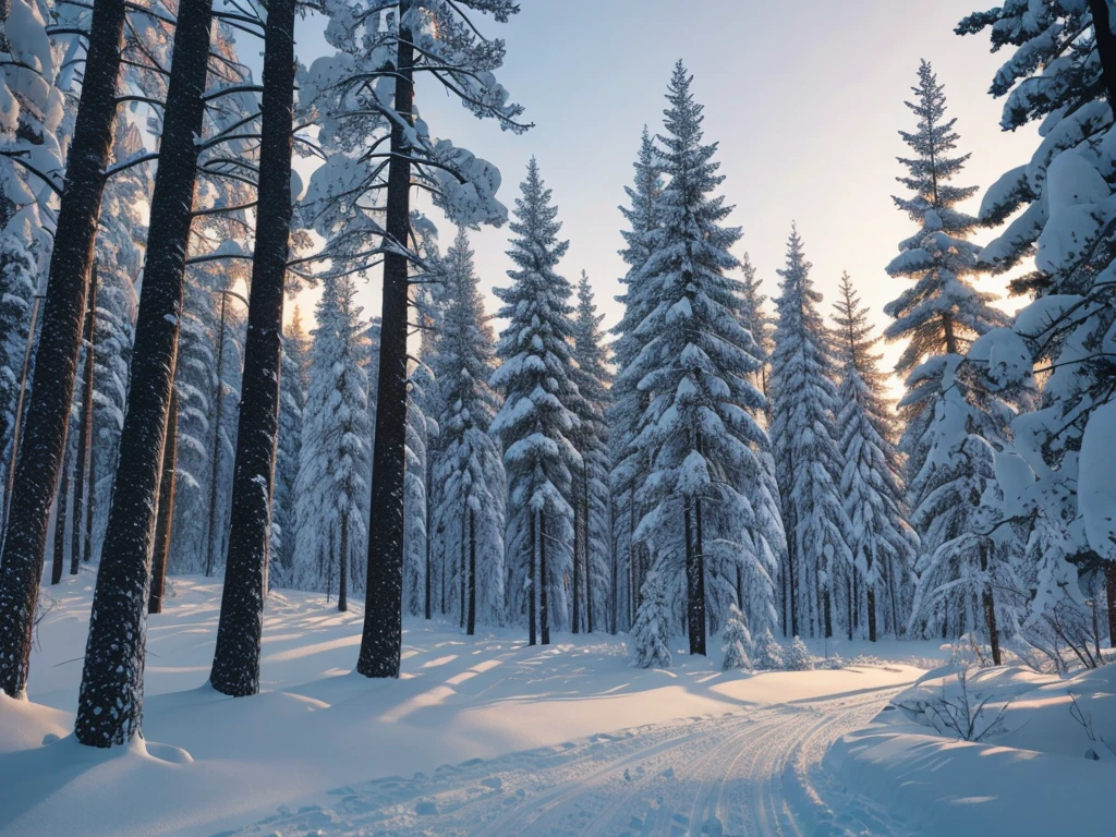 winter forest at dawn, trees in the snow, realistic, hyper-detailed, high quality,