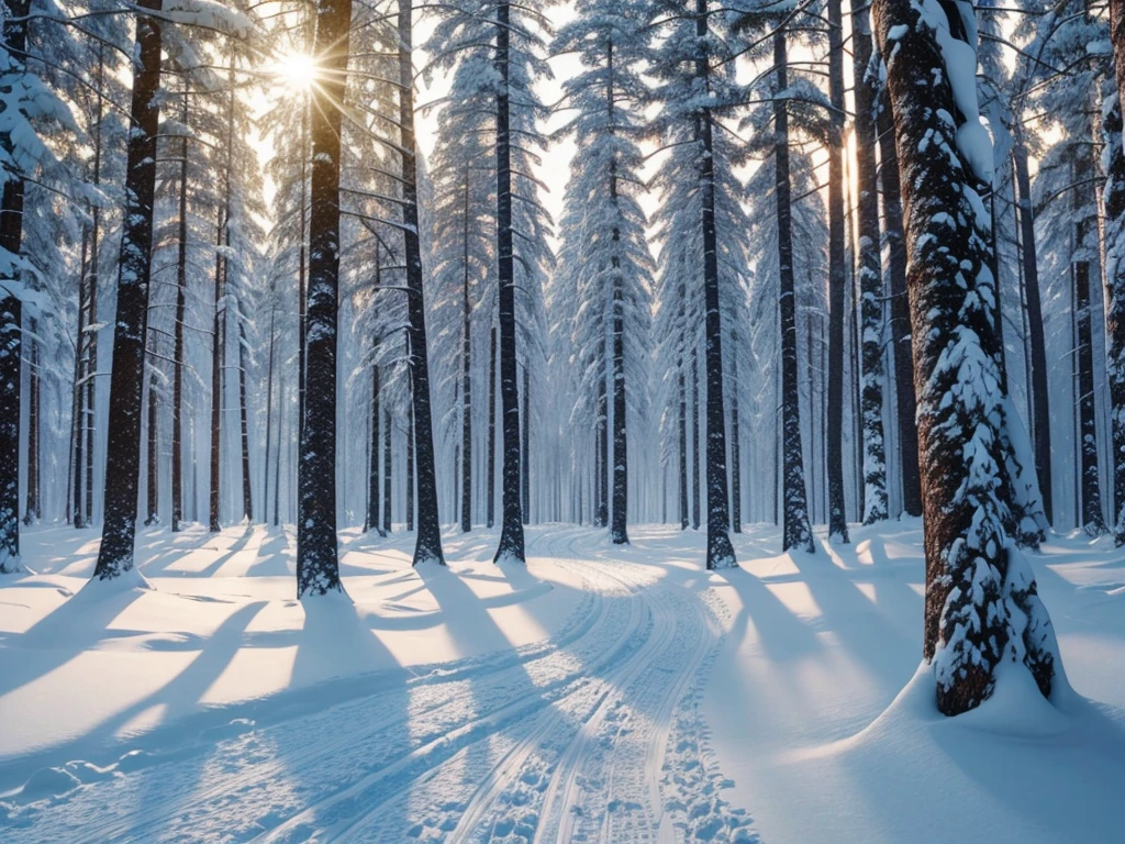 winter forest at dawn, trees in the snow, realistic, hyper-detailed, high quality,