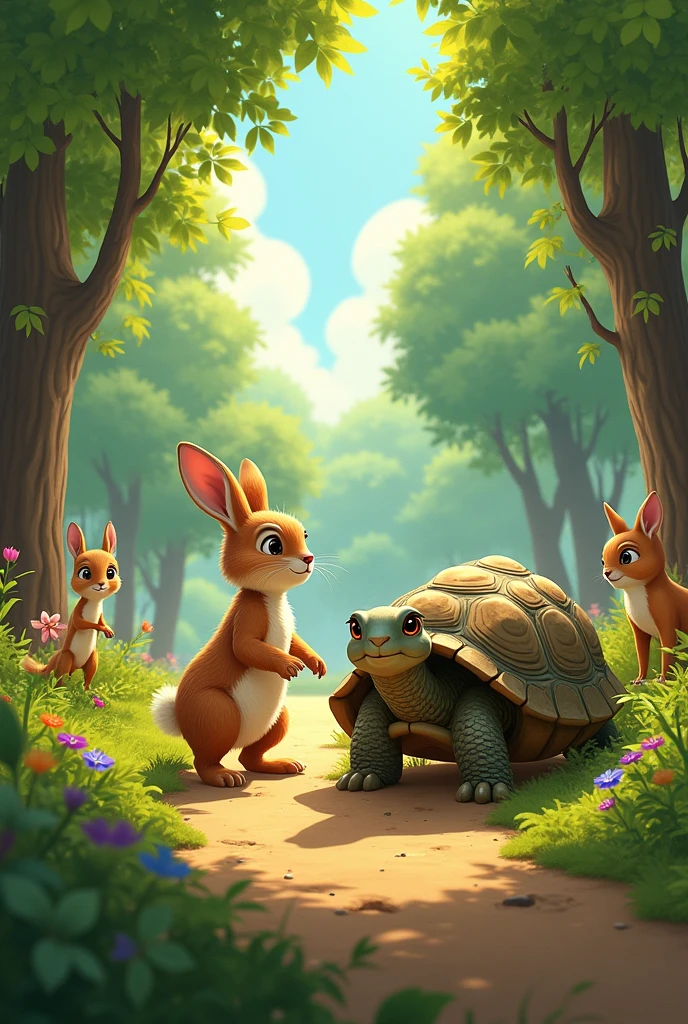 The other animals gathered around, eager to see what would happen. They decided to have a race between Harry and Timmy. The course was from one side of the forest to the other.