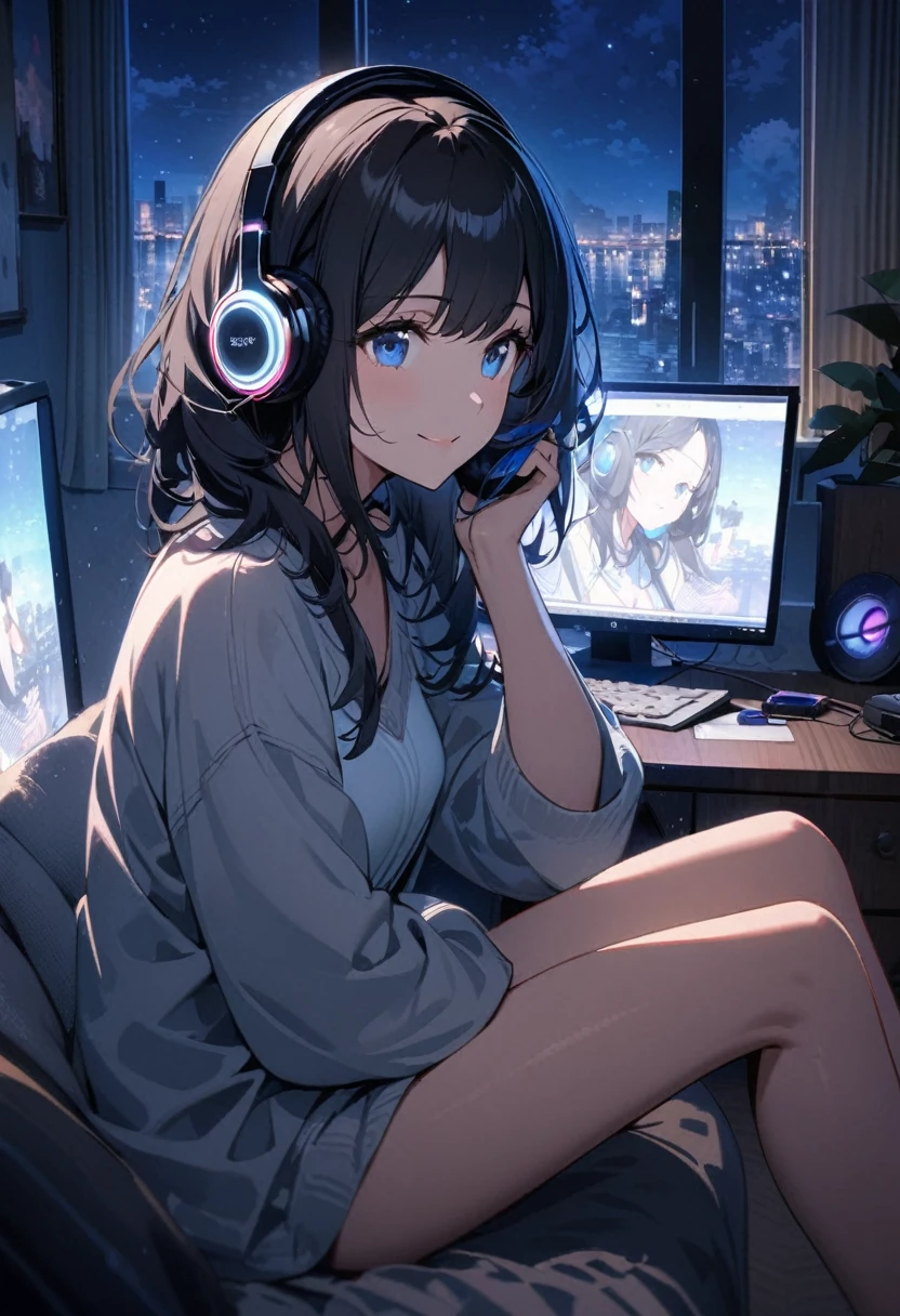 Beautiful woman, alone, A gentle smile on her face, Black Hair, blue eyes, Beautiful legs, underwear, Beautiful depiction,A woman sitting in front of a computer in a cozy bedroom, A woman listening to music in a cozy room. (night), Use headphones, (beautiful night views from windows), city,Very detailed