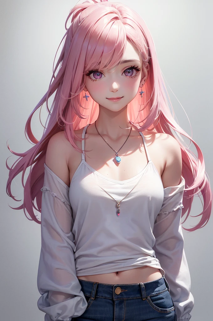 Best Quality,High resolution,8k,(plain white background, no patterns, no textures, just a plain white background:1.3),Masterpiece:1.2),beautiful girl,Shiny pink hair,messy hair,Pink eyes,off shoulder, paired with pre-ripped jeans, colorful cotton fabric with a subtle pattern, casual sneakers with a pop of color, Accessories include a playful pendant necklace and colorful stud earrings,Gentle look,A refreshing look,smile,Best quality,Best Quality,Aesthetic and aesthetic:1.2,Best details((Super detailed))(High-definition CG illustrations),Slender body,smile,blush,cute,Scrounge,Looking up,Being spoiled,super model