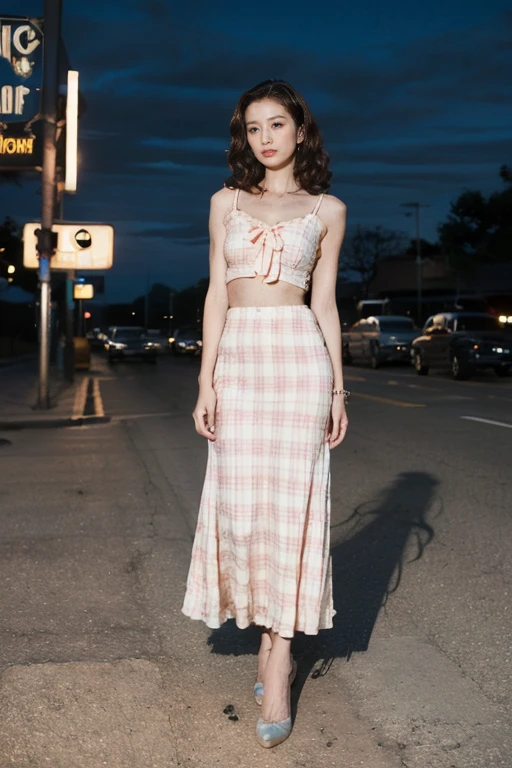 ((Original Photography:1.3))，((best quality，Ultra-high definition:1.2))，1950 retro style，old movie style，old photo style，Street scene in the United States in 1950，American Motel，Fashion portrait photos, 1 elegant lady,curls， Full body portrait，Spectacular neon lights，Standing elegantly on the street corner ，Perfect body，Long legs，Retro plaid long skirt，split long skirt，Real background，Highly integrated characters and backgrounds