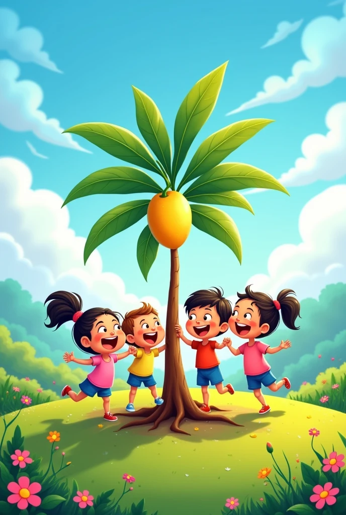 Kids play Cartoon single newly growing mango tree without fruits 