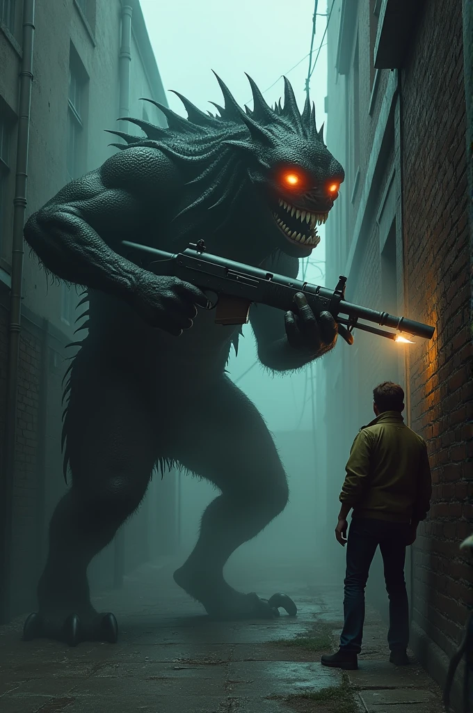 A monster with a gun killing a human with the bayonet of his gun