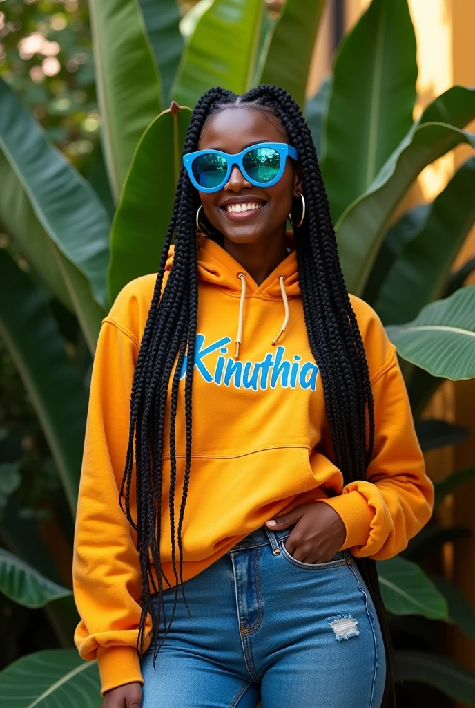 (photorealism:1.2), beautiful black African woman,22 years,sharp boobs,,wearing jeans and a fitting hoodie written "Kinuthia", smiling,long braids,oversized blue photo chromatic glasses, standing , plants in background, Nickie Minaj inspiration