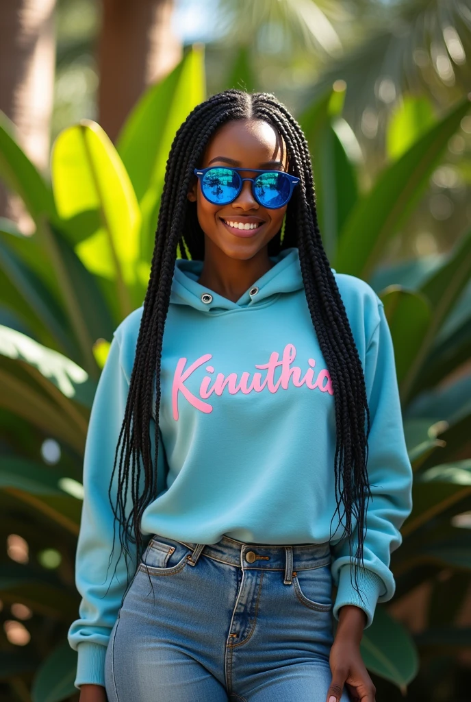 (photorealism:1.2), beautiful black African woman,22 years,sharp boobs,,wearing jeans and a fitting hoodie written "Kinuthia", smiling,long braids,oversized blue photo chromatic glasses, standing , plants in background, Nickie Minaj inspiration
