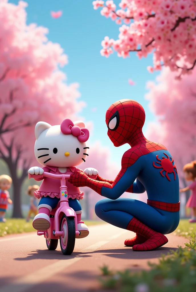 Give me an image where Spiderman in animation is teaching Hello Kitty in animation to ride a bike 
