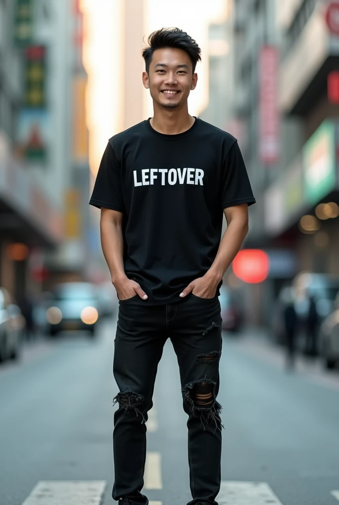 handsome asian man, face looking at camera, bright and clean face, wearing a black shirt, text t-shirt "LEFTOVER", black jeans slightly torn, sneakers, standing around the body ultra hd final result