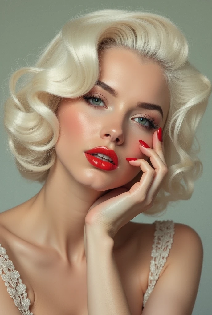 Art Nouveau Portrait | Beautiful woman with hand on face, red nails, and long white hair in swirls Marilyn Monroe | Hyper-realistic oil painting with Art Nouveau style | Close-up shot, centered | Soft, diffused lighting | Red lips; Cartoon realism touch; Dark white and light beige palette; Neo-pop iconography --chaos 15 --ar 3:4 --style raw --v 6.1