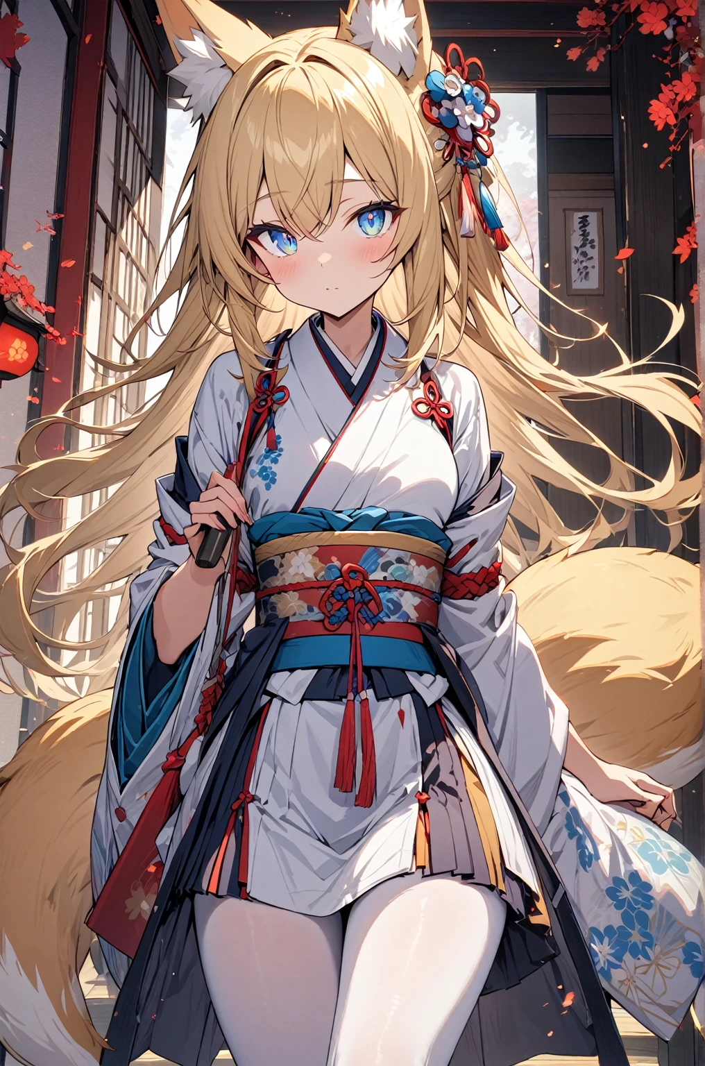 a handsome girl, solo, masterpiece, best quality, ultra detailed,
blonde, blue eyes, bright eyes, nien tails, long hair,
fox ear, japanese_clothes, white tights, japanese background