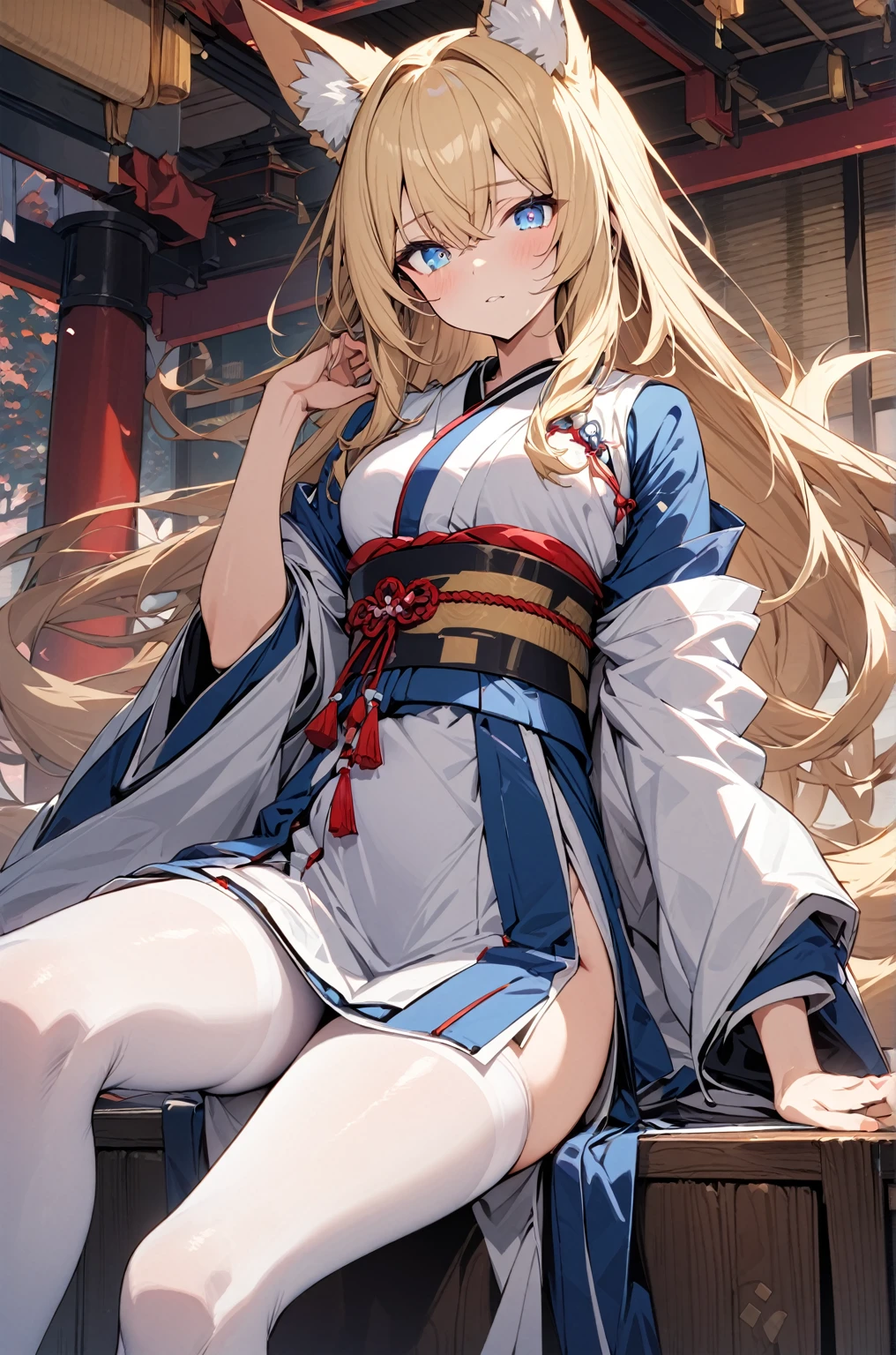 a handsome girl, solo, masterpiece, best quality, ultra detailed,
blonde, blue eyes, bright eyes, nien tails, long hair,
fox ear, japanese_clothes, white tights, japanese background