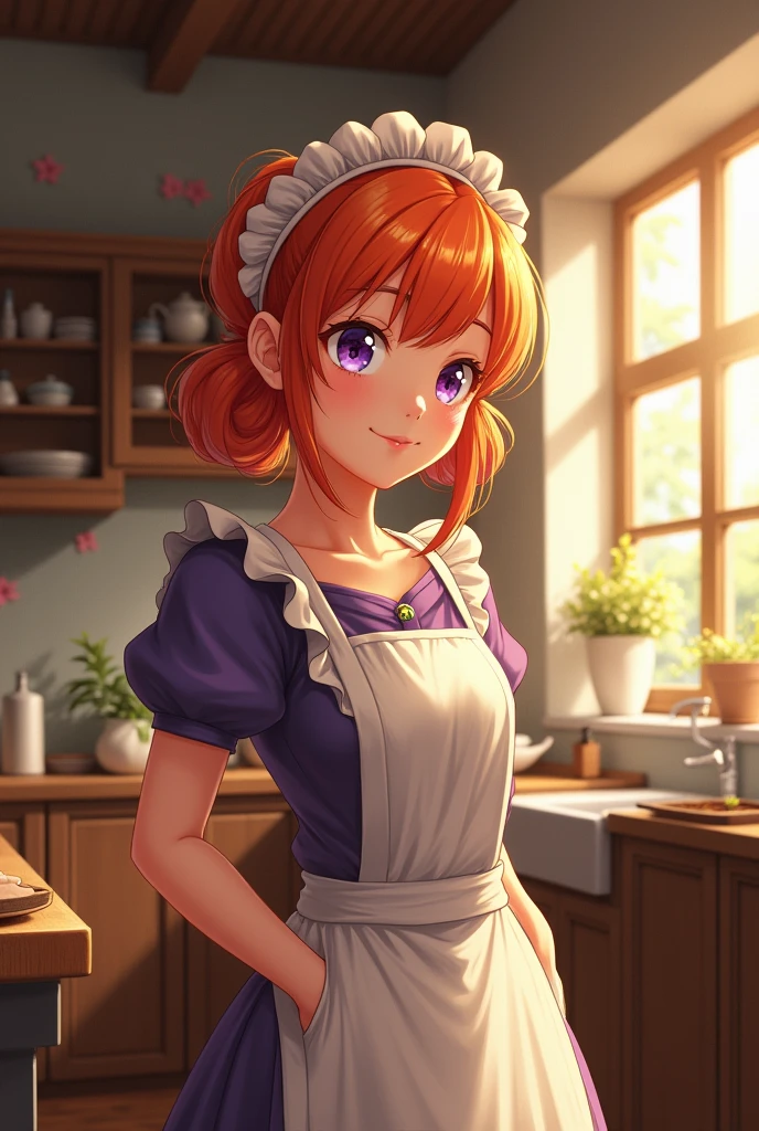 work of art, best qualityer, 1 girl, purples eyes, hair orange,housekeeper headdress, housekeeper,
