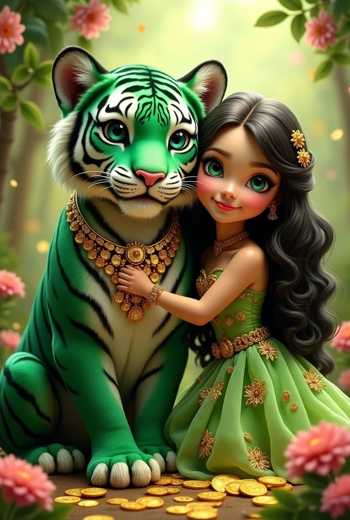 Green colored tiger happy with lots of golden and smiling rich and strong and very cute and have lots of gold with him and rich. With girl beautiful