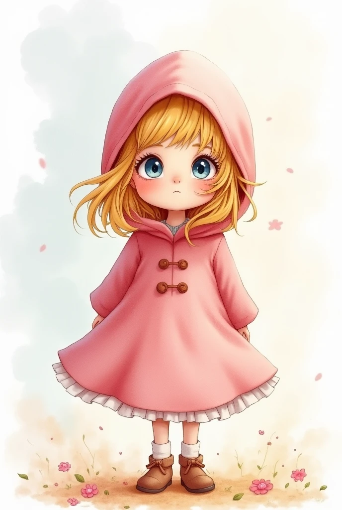 Little blonde girl with pink hood all in watercolor transparent background