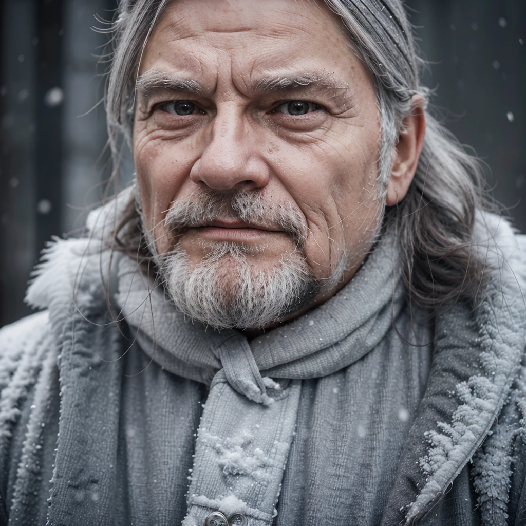 
Portrait of an old man, with the whole face and hair full of ice frost, trying to sketch a slight smile. Sad and grey atmosphere. snowing. ultra HD, professional, 4k
