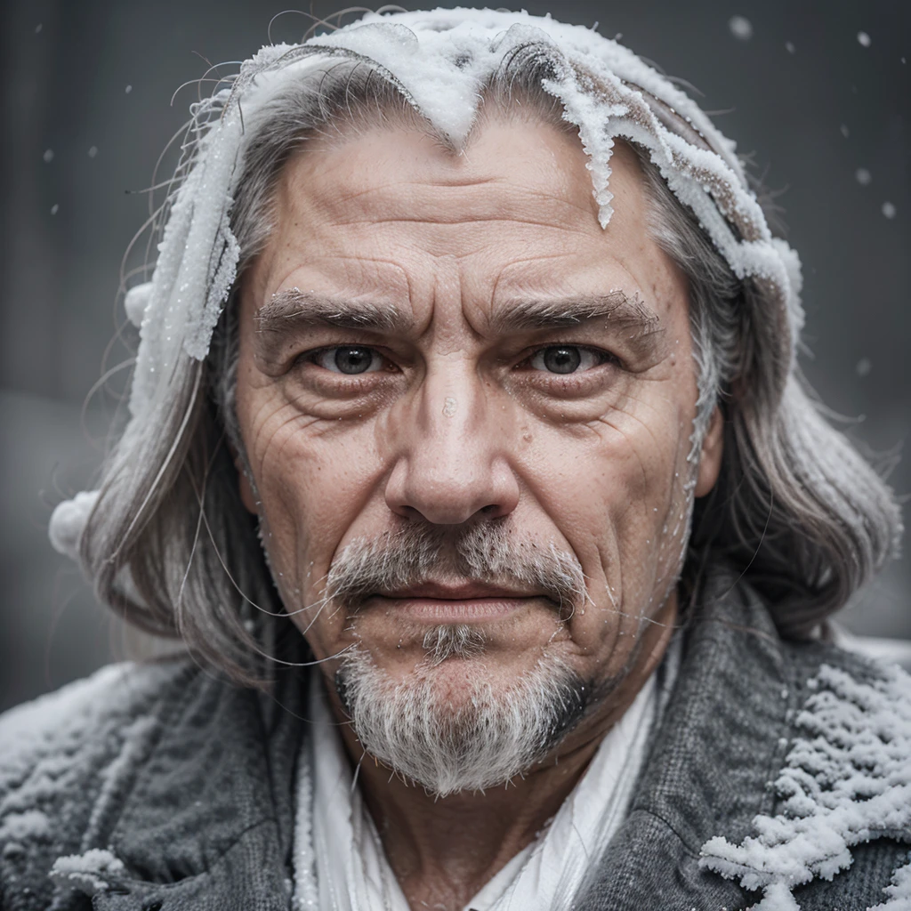 Portrait of an old man, with the whole face and hair full of ice frost, trying to sketch a slight smile. Sad and grey atmosphere. snowing. ultra HD, professional, 4k