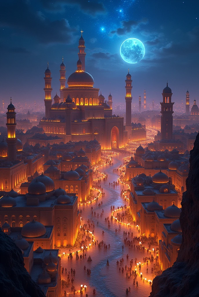 Agrabah city from Aladdin realistic 4k hd overview aerial view at night