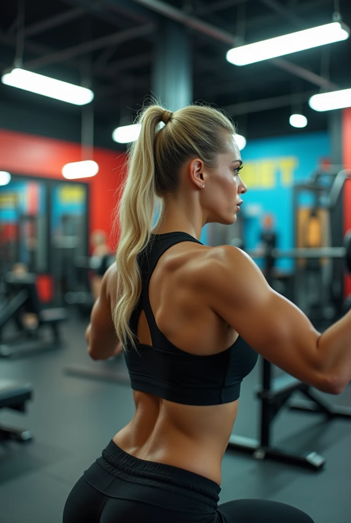 "Realistic 25-year-old fitness woman, full, plump lips doing squats in a modern gym. She has blonde hair tied in a ponytail, green eyes, and a toned body with large breasts. She wears tight athletic wear and maintains proper form during intense training."