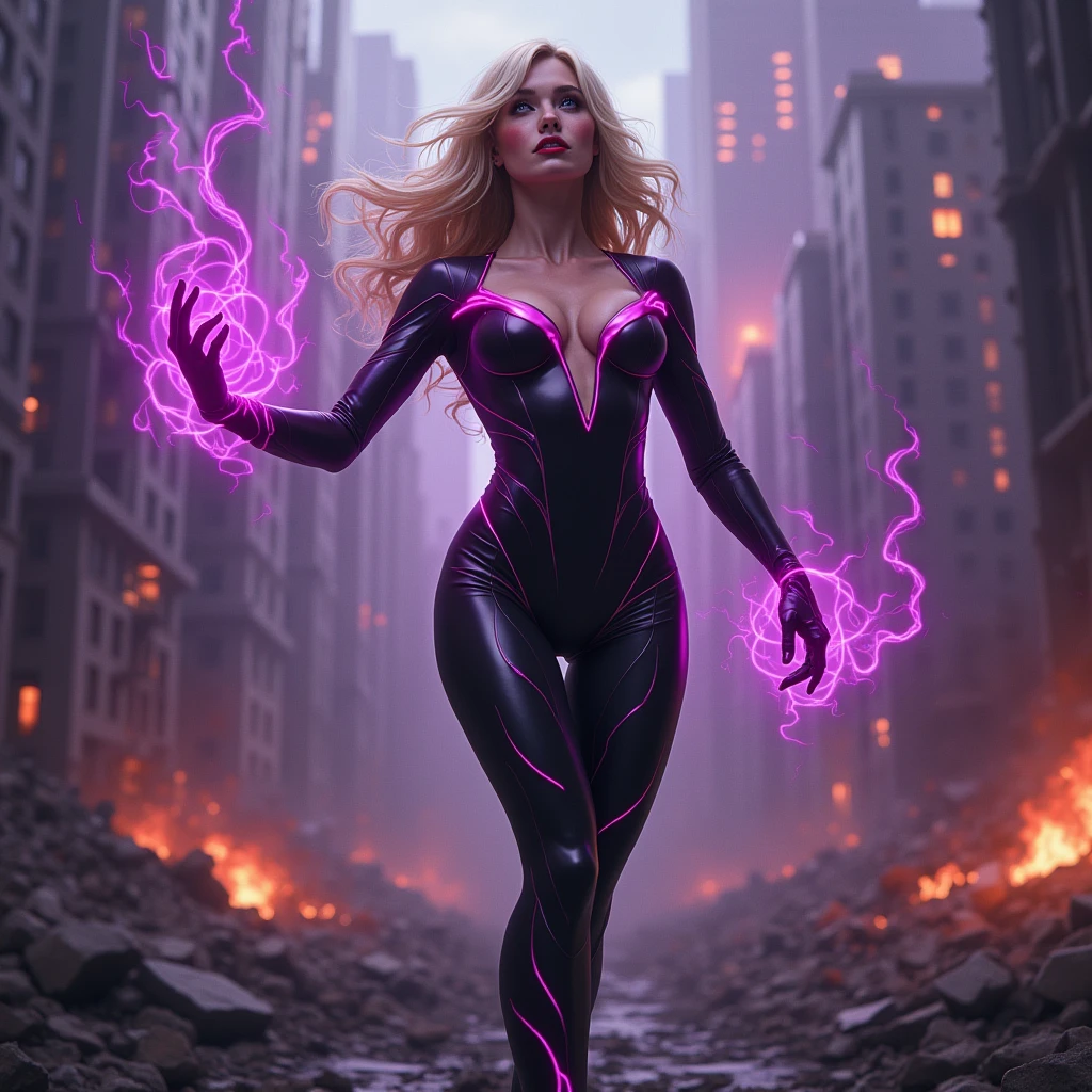 Beautiful and seductive, overflowing with dark power, an evil villainess floats above the recently destroyed husk of a heavily populated city. Dark purple tendrils of energy flow across her lithe fingers. Blonde hair with side swept bangs, glossy red lips curled into a sinister smirk as see views the destruction with glee. Across her body, a skintight costume made of black with accents of pink reflect the power flowing from her godlike form. Evil triumphs.