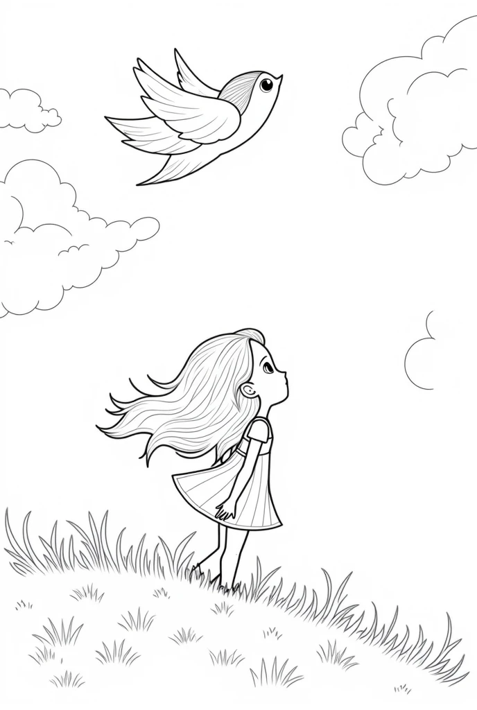 A black-and-white line drawing designed for children to color, showing Verelia standing on a hilltop surrounded by swirling winds and soft, flowing clouds. Verelia looks upward with determination as Zephyr, the spirit of the wind, appears from the clouds above her. Zephyr is depicted as an ethereal, flowing figure with wings made of vapor, and his form gently blends with the swirling air around him. The hilltop is dotted with simple, grassy textures, and the background shows the sky with curving, breezy lines. The illustration should have clear, defined outlines with no shading, allowing for easy and creative coloring by children, and capturing a sense of movement and airy freedom.