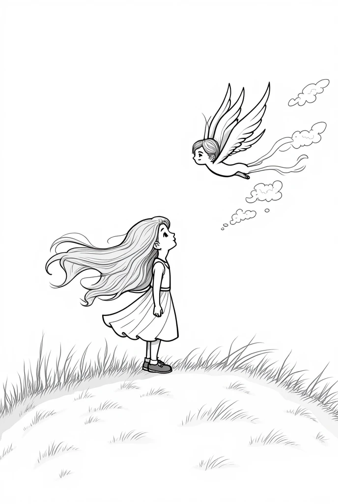 A black-and-white line drawing designed for children to color, showing Verelia standing on a hilltop surrounded by swirling winds and soft, flowing clouds. Verelia looks upward with determination as Zephyr, the spirit of the wind, appears from the clouds above her. Zephyr is depicted as an ethereal, flowing figure with wings made of vapor, and his form gently blends with the swirling air around him. The hilltop is dotted with simple, grassy textures, and the background shows the sky with curving, breezy lines. The illustration should have clear, defined outlines with no shading, allowing for easy and creative coloring by children, and capturing a sense of movement and airy freedom.