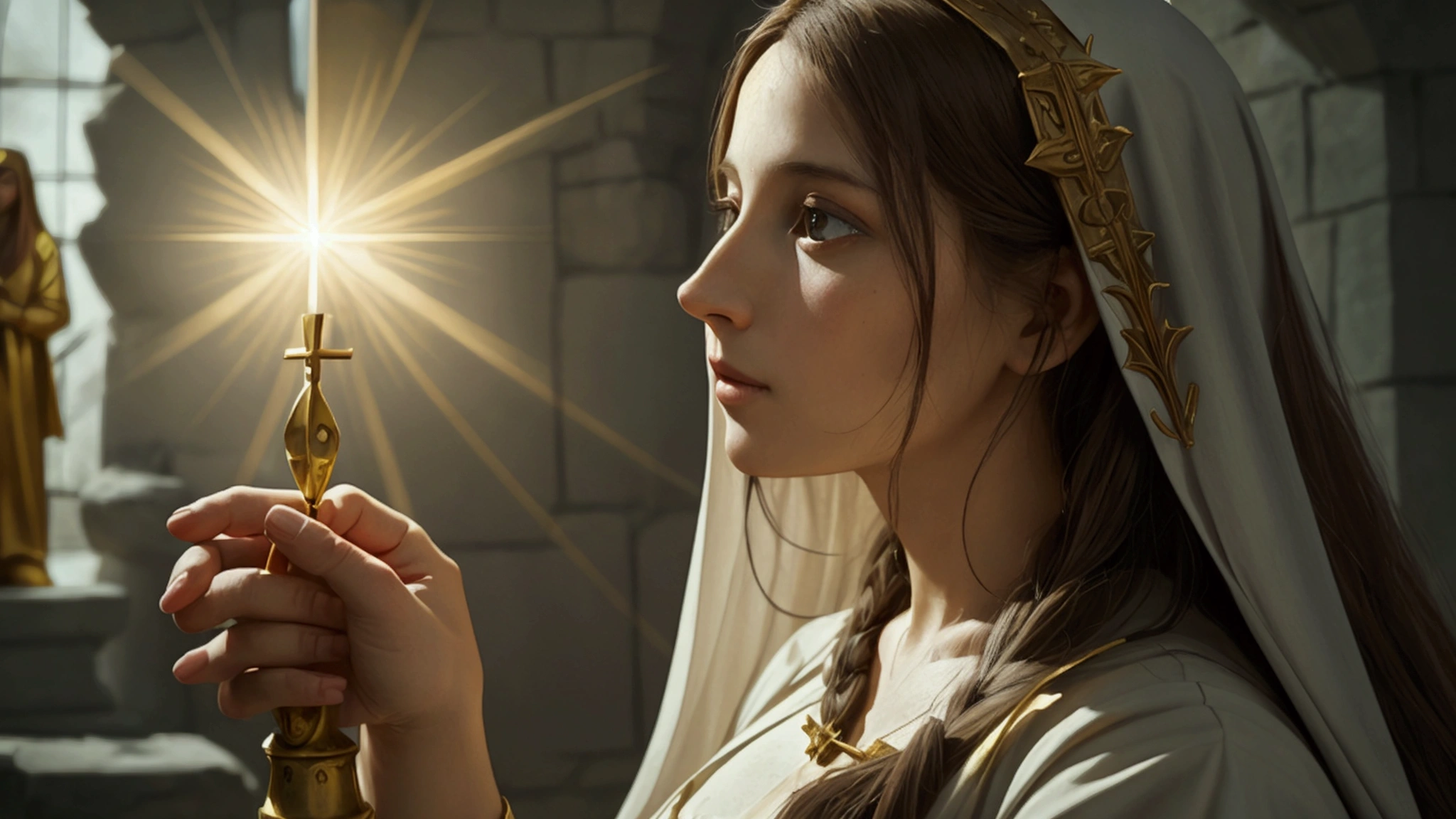 "Description: Highlight Mary Magdalene’s true role in the New Testament, emphasizing her importance as a witness to the resurrection and a key figure in early Christianity.
Details: Depict Mary Magdalene in a dignified and prominent role, standing at the empty tomb of Jesus or encountering the risen Christ. Include visual elements such as radiant light or angelic figures to emphasize the significance of her witness. Surround her with symbols of her true role, such as scrolls or early Christian symbols, and incorporate scenes of her interacting with other apostles or early followers. Use bright, uplifting colors and light to convey her important and respectful position in the Christian narrative, contrasting it with the darker, misleading portrayals from history"