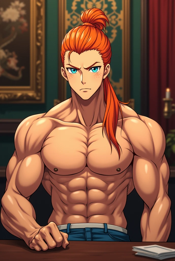 Handsome and muscular man, sitting at a table with legs open, big penis,erect penis, no clothing,hairless,long orange hair tied in a bun, freckles and blue eyes,anime classics of kimetsu no yaiba,hairless, whole body