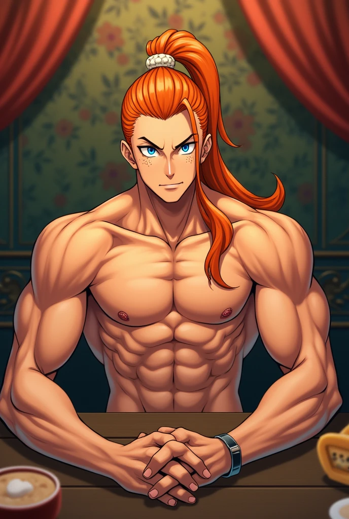 Handsome and muscular man, sitting at a table with legs open, big penis,erect penis, no clothing,hairless,long orange hair tied in a bun, freckles and blue eyes,anime classics of kimetsu no yaiba,hairless, whole body