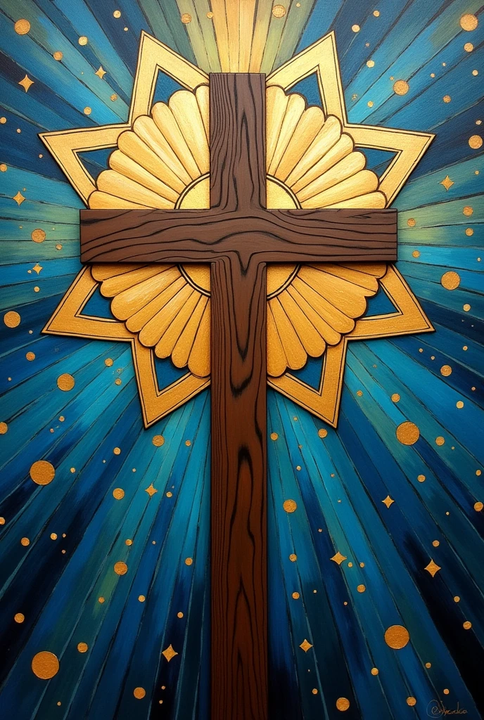 Make a painting, that symbolizes in Christianity on a cross, and that its background is decorated with geometric figures. It is easy to recreate in real life but VERY EASY.