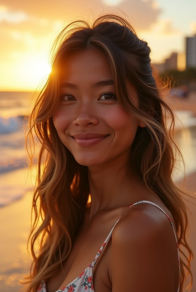 realistic, photorealistic, photo-realistic:1.37, best quality, 4k, 8k, highres, masterpiece:1.2, ultra-detailed, HDR, UHD, studio lighting, ultra-fine painting, ((Waikiki beach)),sharp focus, physically-based rendering, extreme detail description, professional, vivid colors, bokeh, character design sheet, 1 girl, beautiful detailed eyes, beautiful detailed lips, extremely detailed eyes and face, long eyelashes, thin hair that is somewhere between brown and blonde, short hair with messy side waves, medium bust size, small breasts, curly hair, a very kind smile, highly detailed lips, beautiful eyes, city streets, skirt lift, no pants, genitals are visible, large breasts, (((micro bikini))), beach, Waikiki beach,Arching the back,((Nostalgic-Smile)),