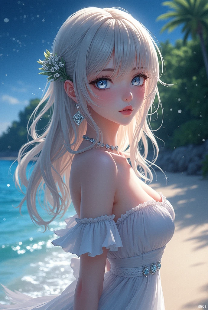 (masterpiece,Highest quality,,8k,High resolution),One female,(Beautiful Face,Beautiful Face)Beautiful eyes,Beautiful lips,,Silver blonde hair,,(Anime Girl)、Sandy beach with a view of the forest,A bright night with stars visible,Mysterious light particles emitting from the body、Very mysterious light、jewelry,necklace,dress,(whole body),Highly detailed anime art,A complete portrayal、