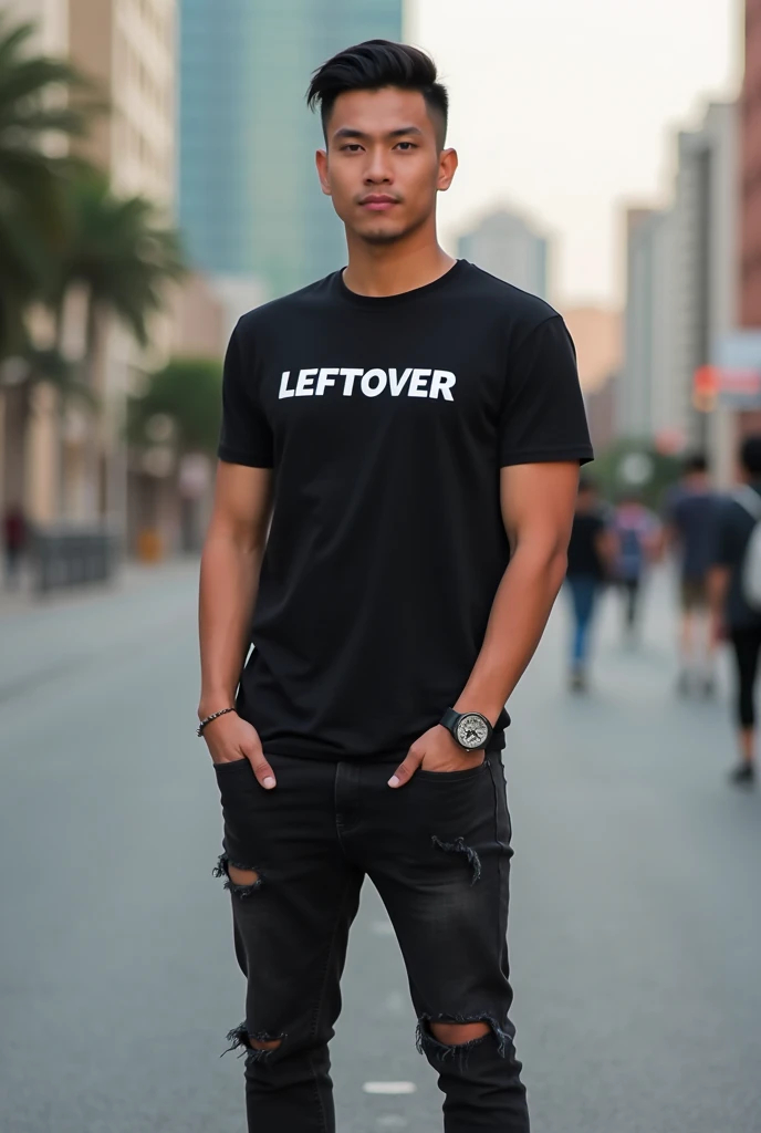 handsome asian man, face looking at camera, bright and clean face, wearing a black shirt, text t-shirt "LEFTOVER", black jeans slightly torn, sneakers, stand